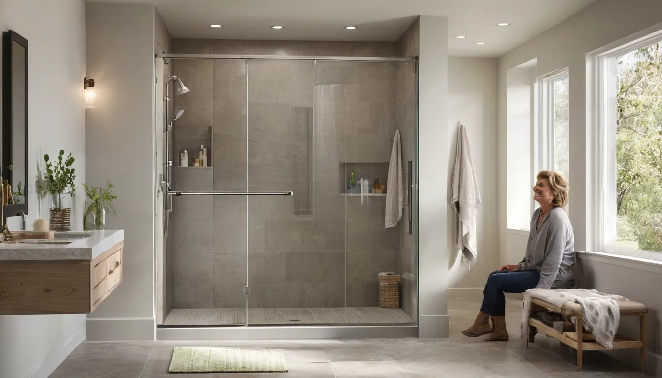 Bright, modern walk-in shower with a low entry, bench, and grab bar in a home bathroom in the Middletown area